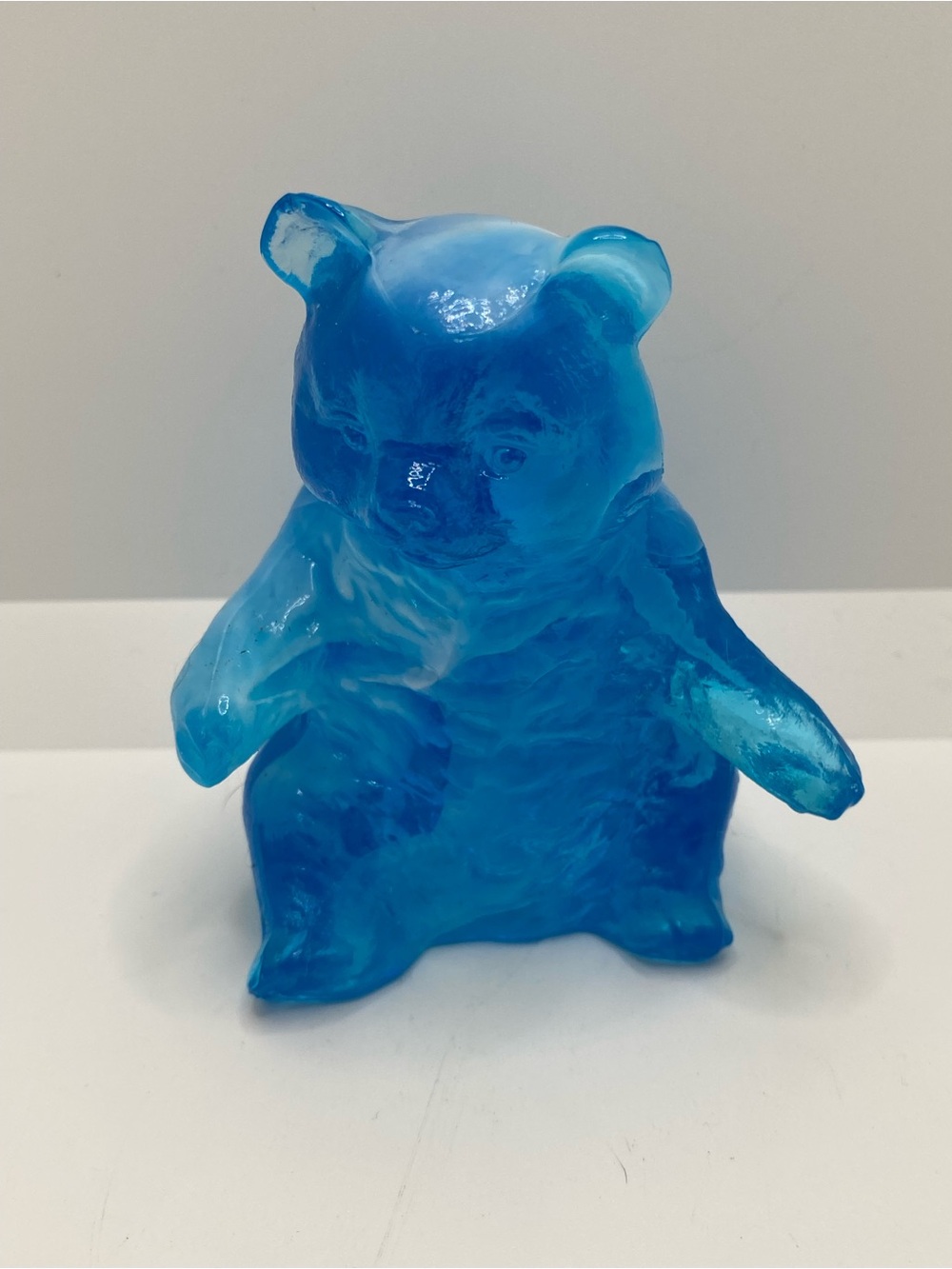 Glows!! Vintage Mosser Teal Blue White Slag Glass Bear Figurine 3.75"H